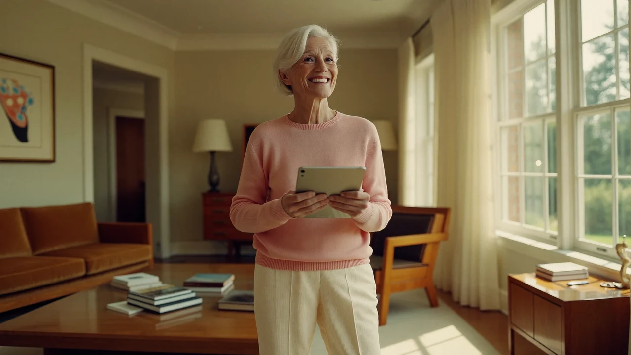 Una nonna sorridente con il tablet accanto a una finestra luminosa
