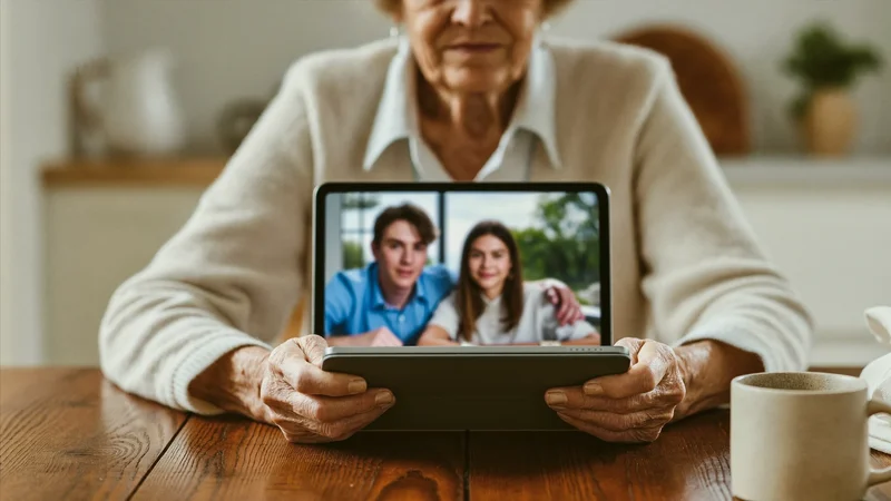 Una videochiamata in famiglia al tavolo della cucina, schermo non leggibile