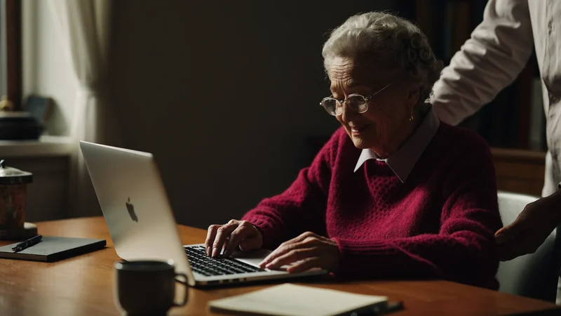 Una donna anziana scrive al portatile con un aiutante accanto